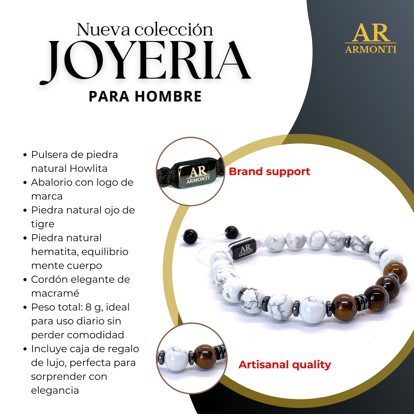 Pulsera HOWLITA con OJO DE TIGRE y HEMATITA mujer