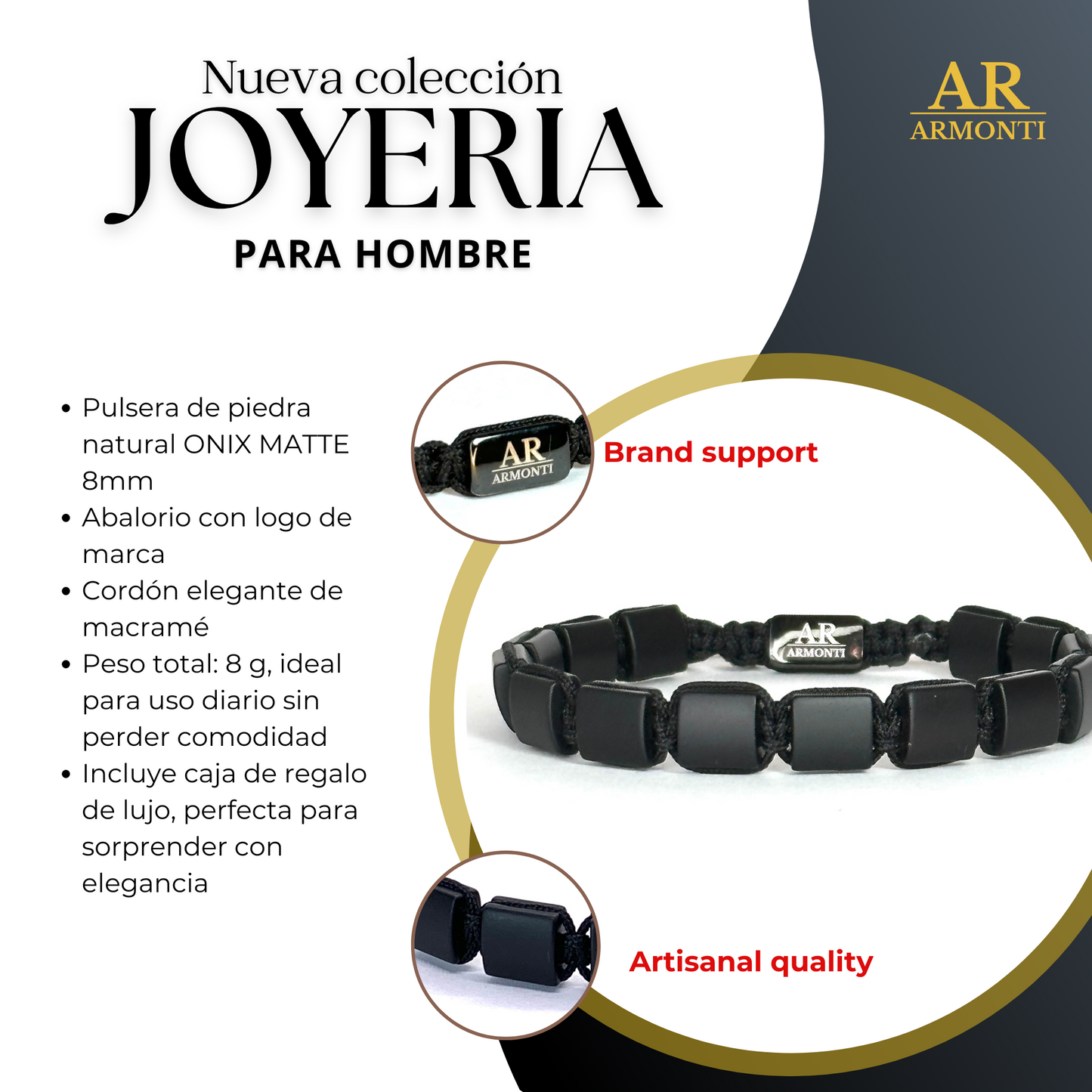 Pulsera piedra plana ÓNIX MATTE hombre de ARMONTI