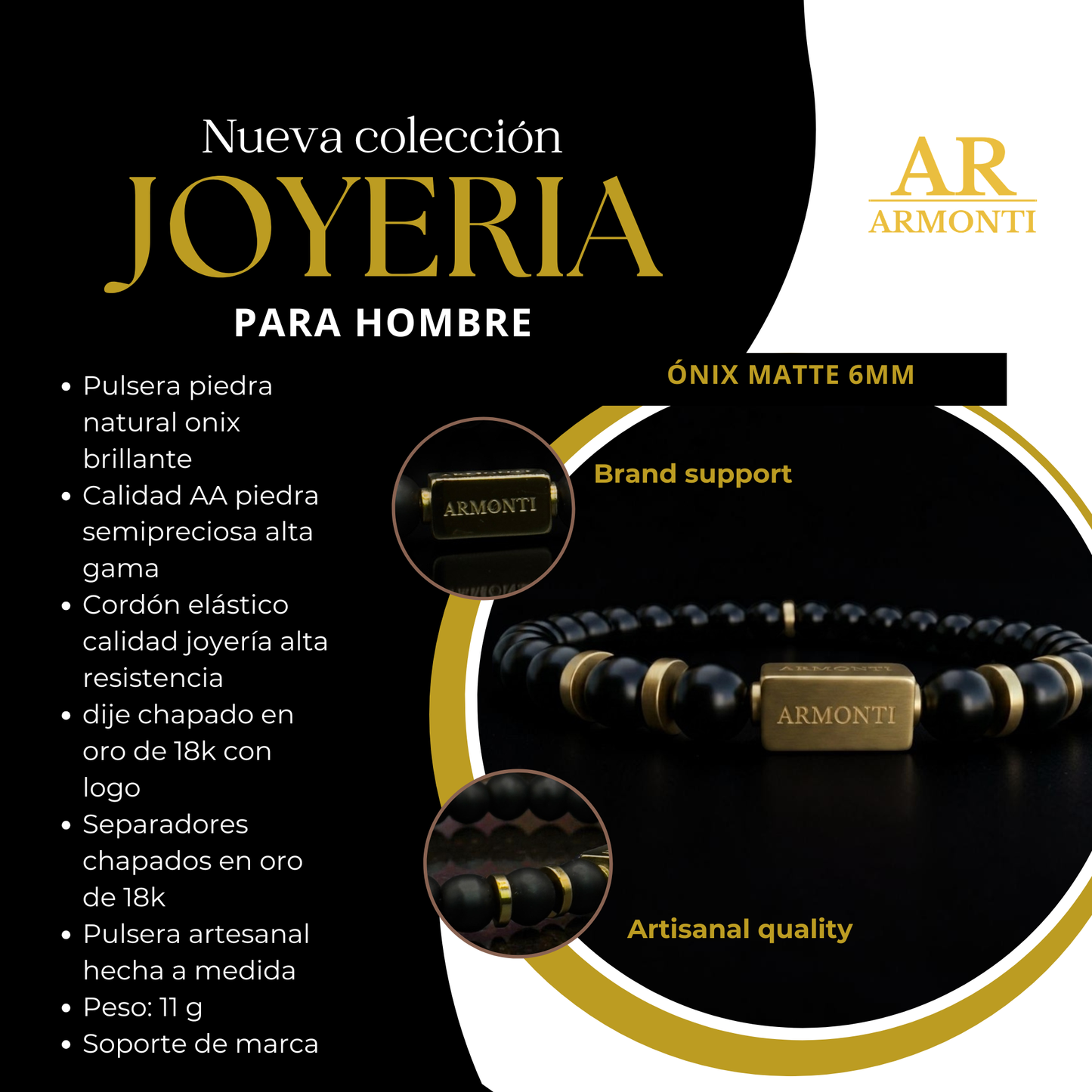 Pulsera de ónix brillante 6mm hombre premium