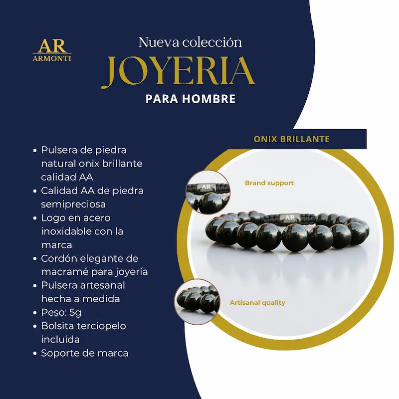 Pulsera de Ónix Negro Brillante 8mm ajustable para Hombre