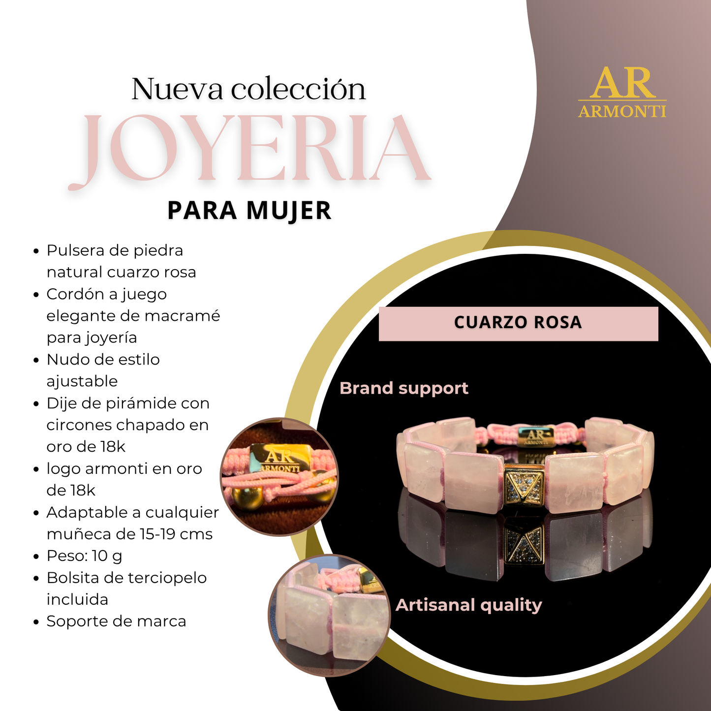 Rose quartz FLAT STONE bracelet for women