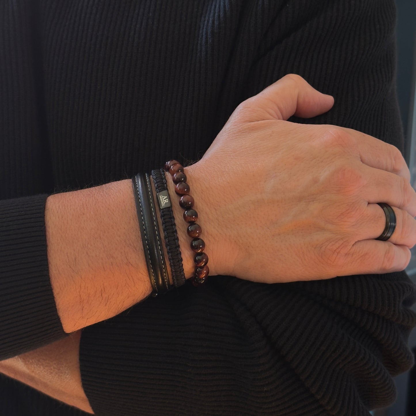 Men's Red Tiger's Eye Round Stone Bracelet