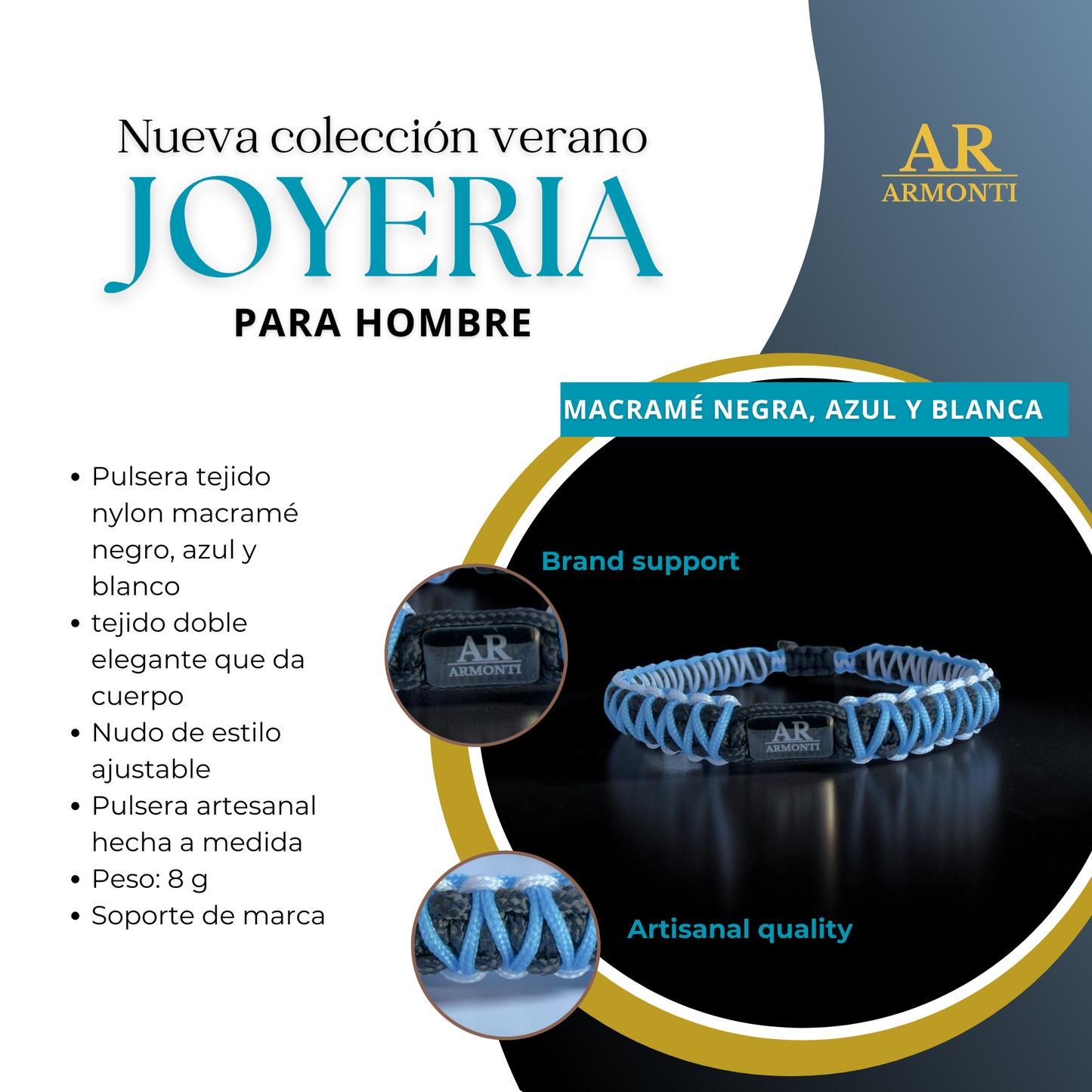 Pulsera macramé hombre azul, negra y blanca