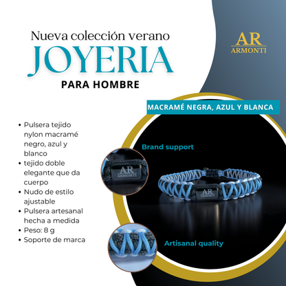 Pulsera macramé hombre azul, negra y blanca