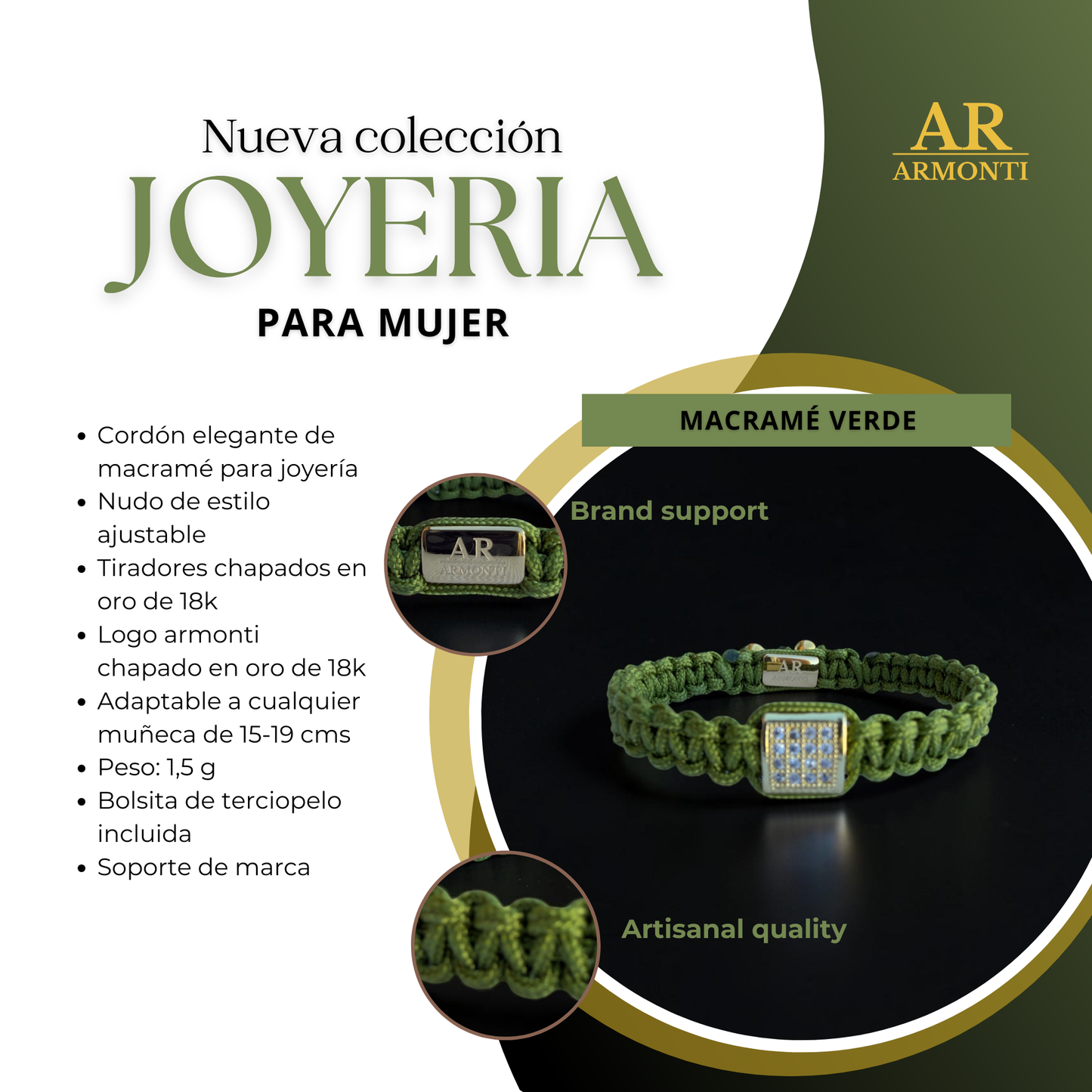 Pulsera verde macramé con circonita para mujer