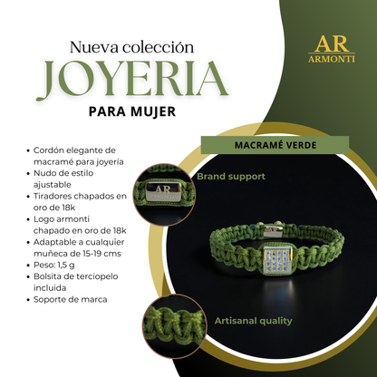 Pulsera verde macramé con circonita para mujer