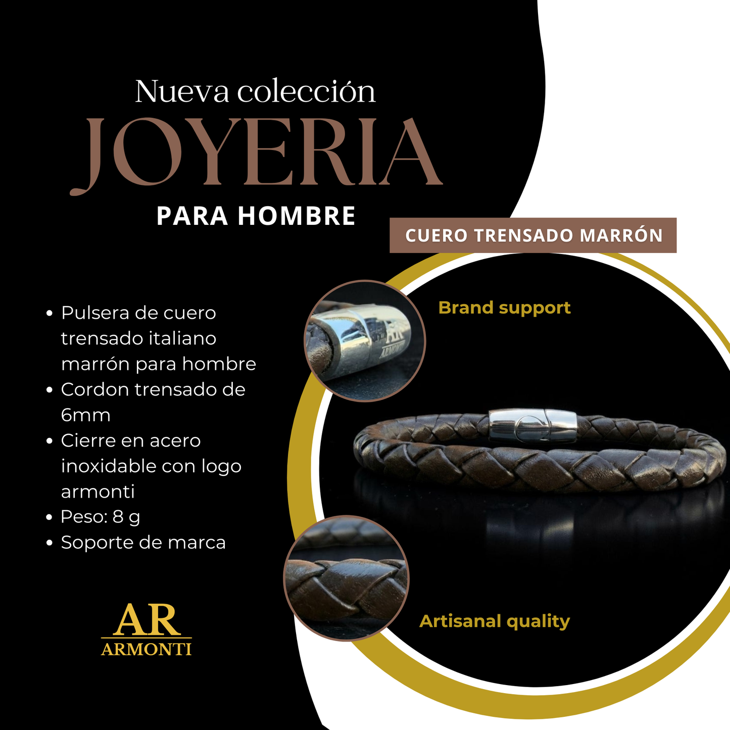 Pulsera cuero marrón trenzado hombre 6mm