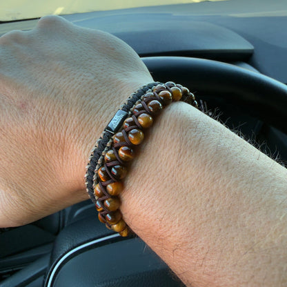 Pulsera doble de piedras redondas OJO DE TIGRE para hombre - Pulsera doble de piedras redondas OJO DE TIGRE para hombre - ARMONTI