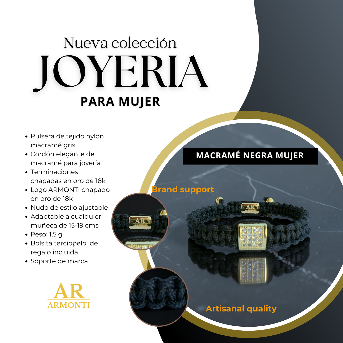 Pulsera negra MACRAMÉ circonita mujer