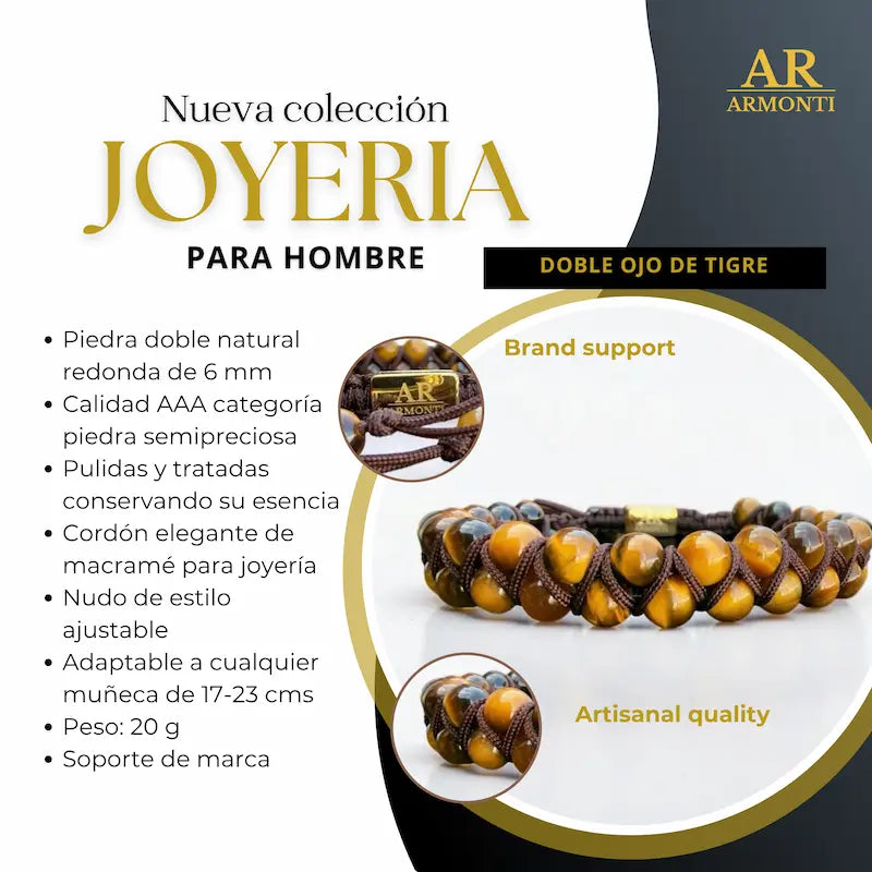Pulsera de Ojo de Tigre Amarillo doble 6mm oro 18k para Hombre