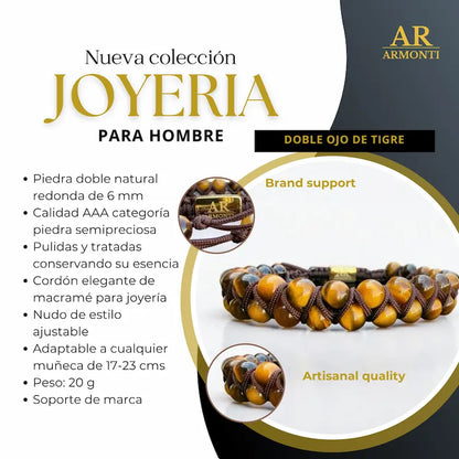 Pulsera de Ojo de Tigre Amarillo doble 6mm oro 18k para Hombre
