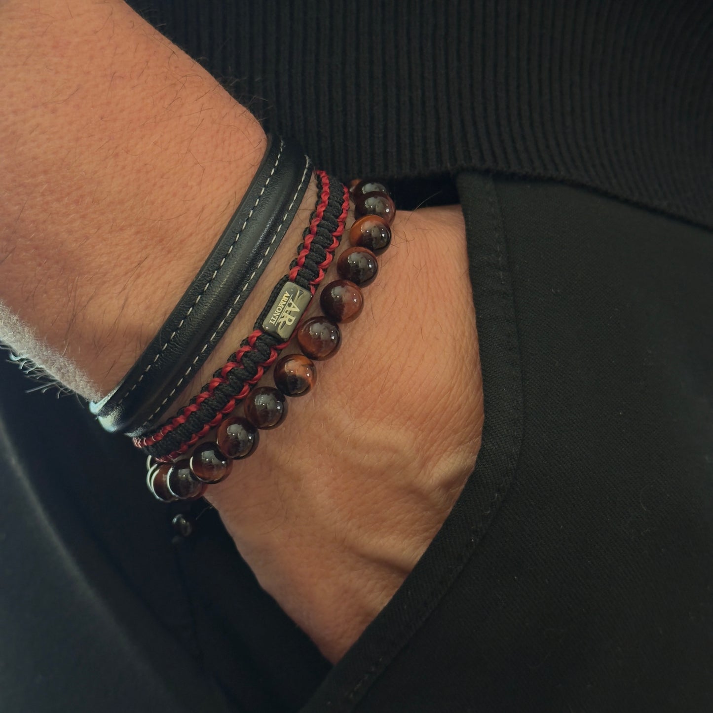 Men's Red Tiger's Eye Round Stone Bracelet