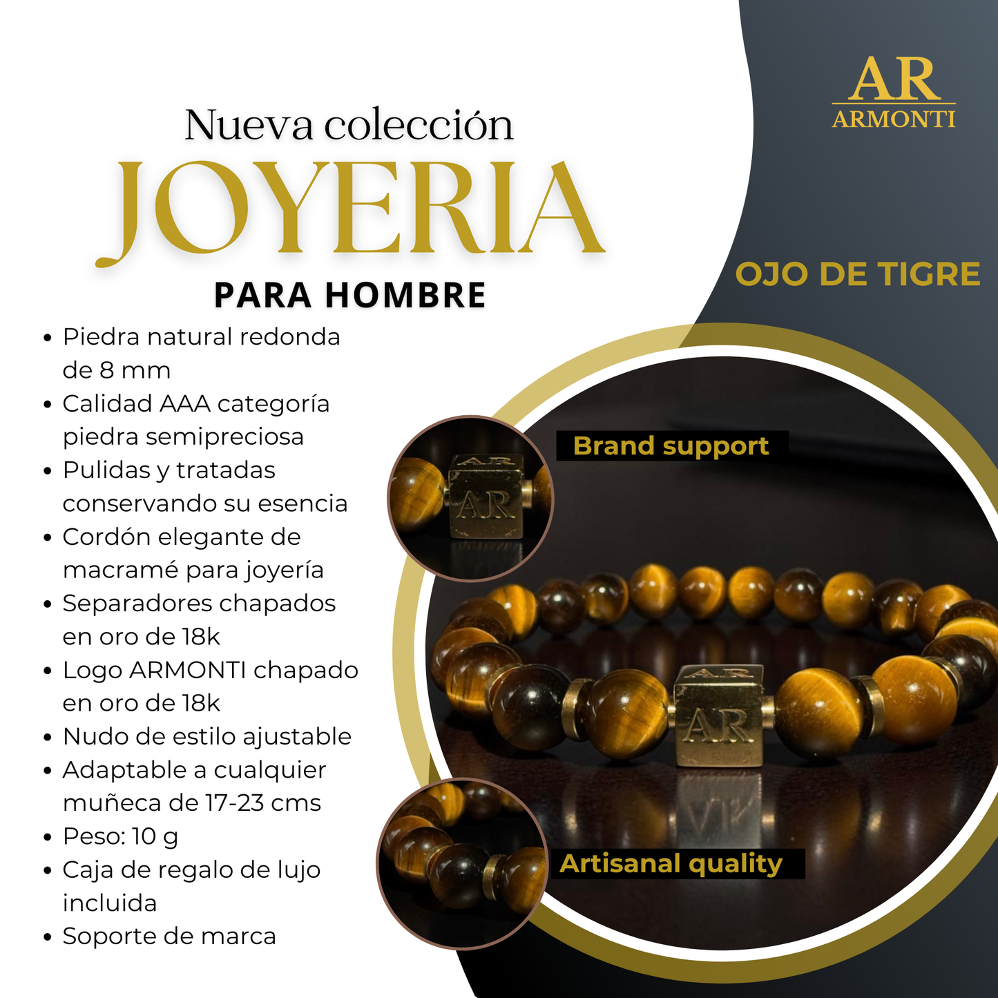 Pulsera ojo de tigre amarillo 8mm hombre