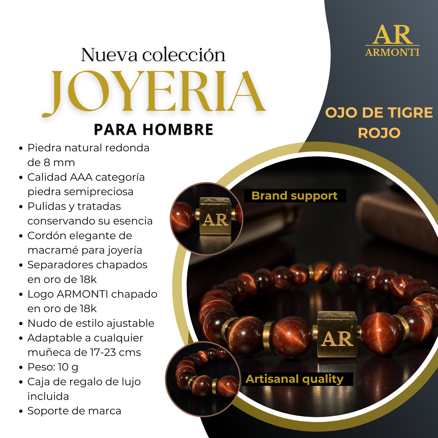 Pulsera ojo de tigre rojo 8mm hombre