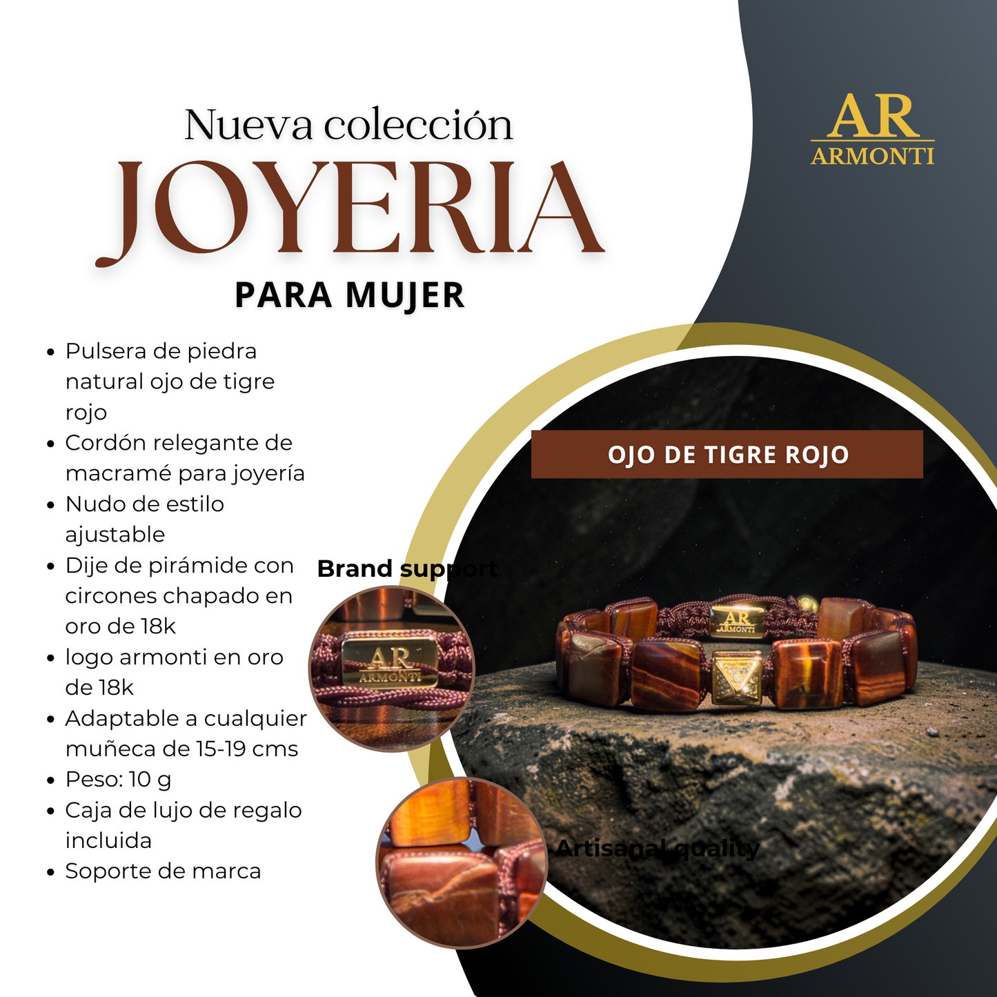 Pulsera ojo de tigre rojo plana mujer