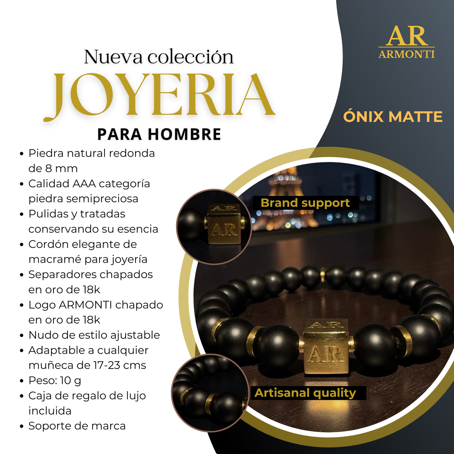 Pulsera de ónix matte 8mm hombre
