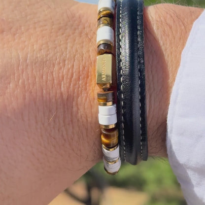 Pulsera cilíndrica howlita y ojo de tigre amarillo hombre