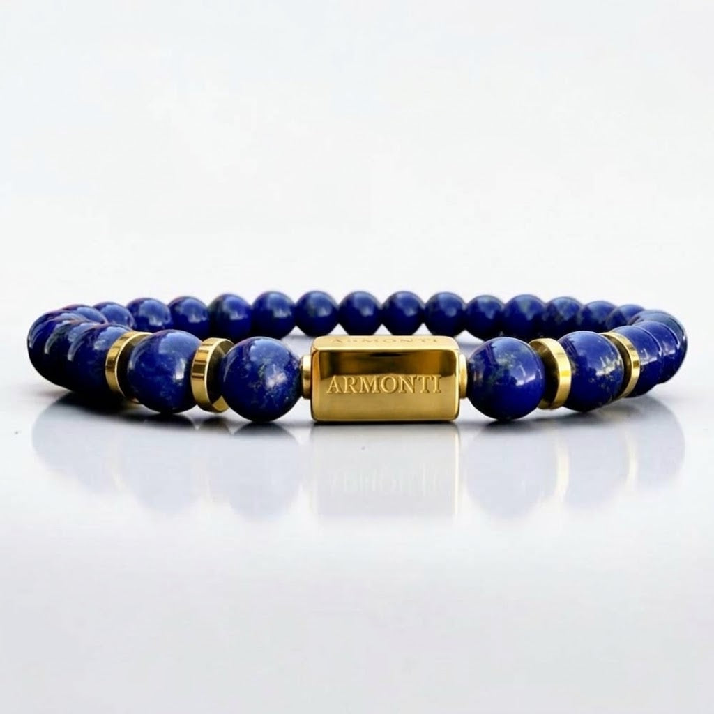 Pulsera de Lapislázuli Natural Elástica 6mm oro 18k para Hombre