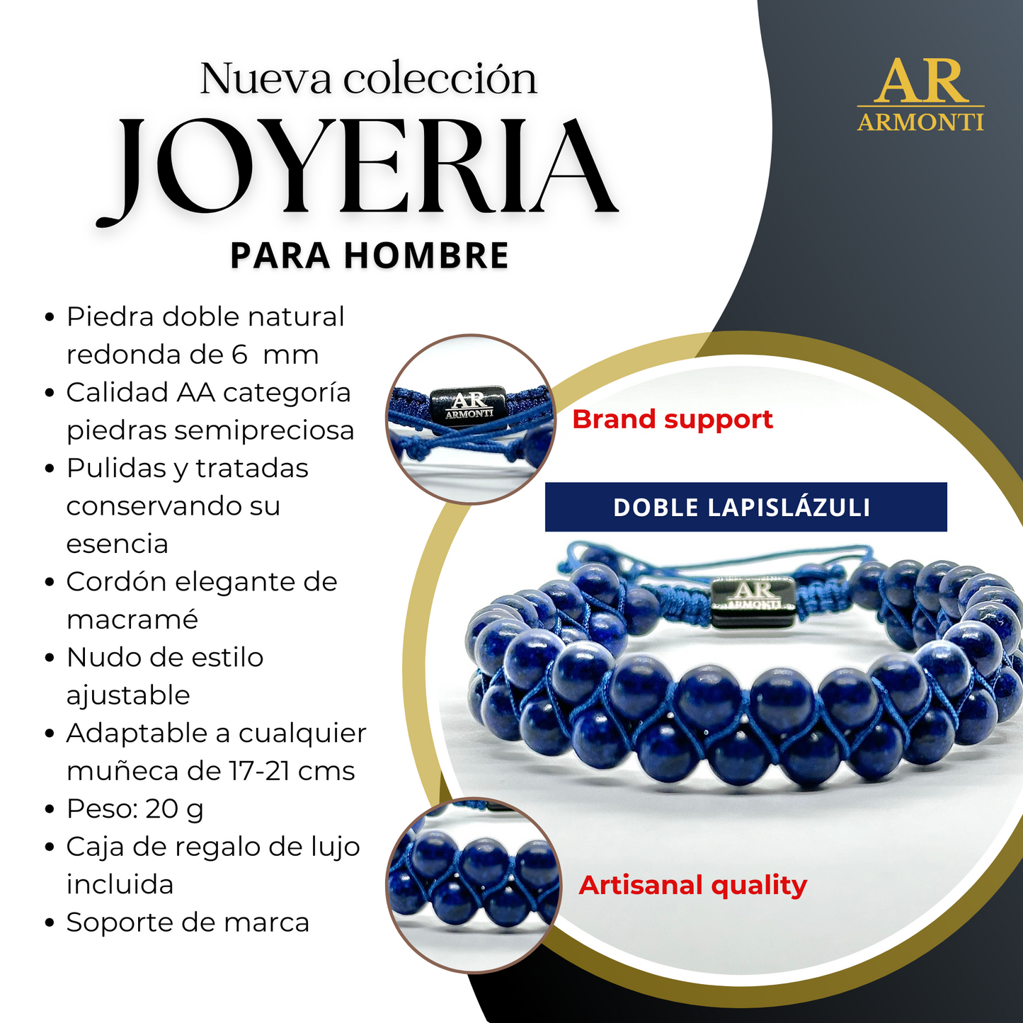 Pulsera de piedra doble natural LAPISLÁZULI para hombre