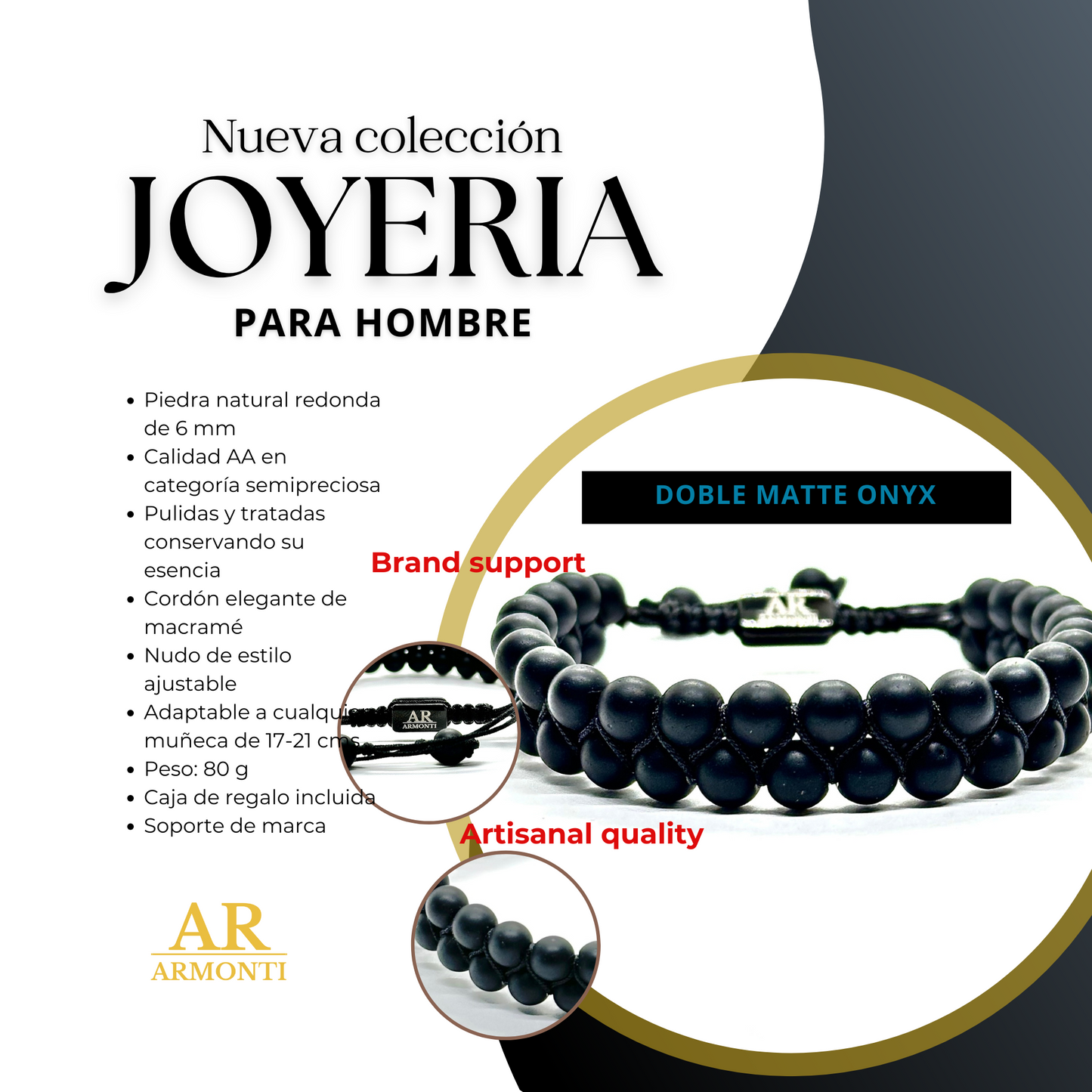 Pulsera de doble piedra natural MATTE ÓNIX para hombre