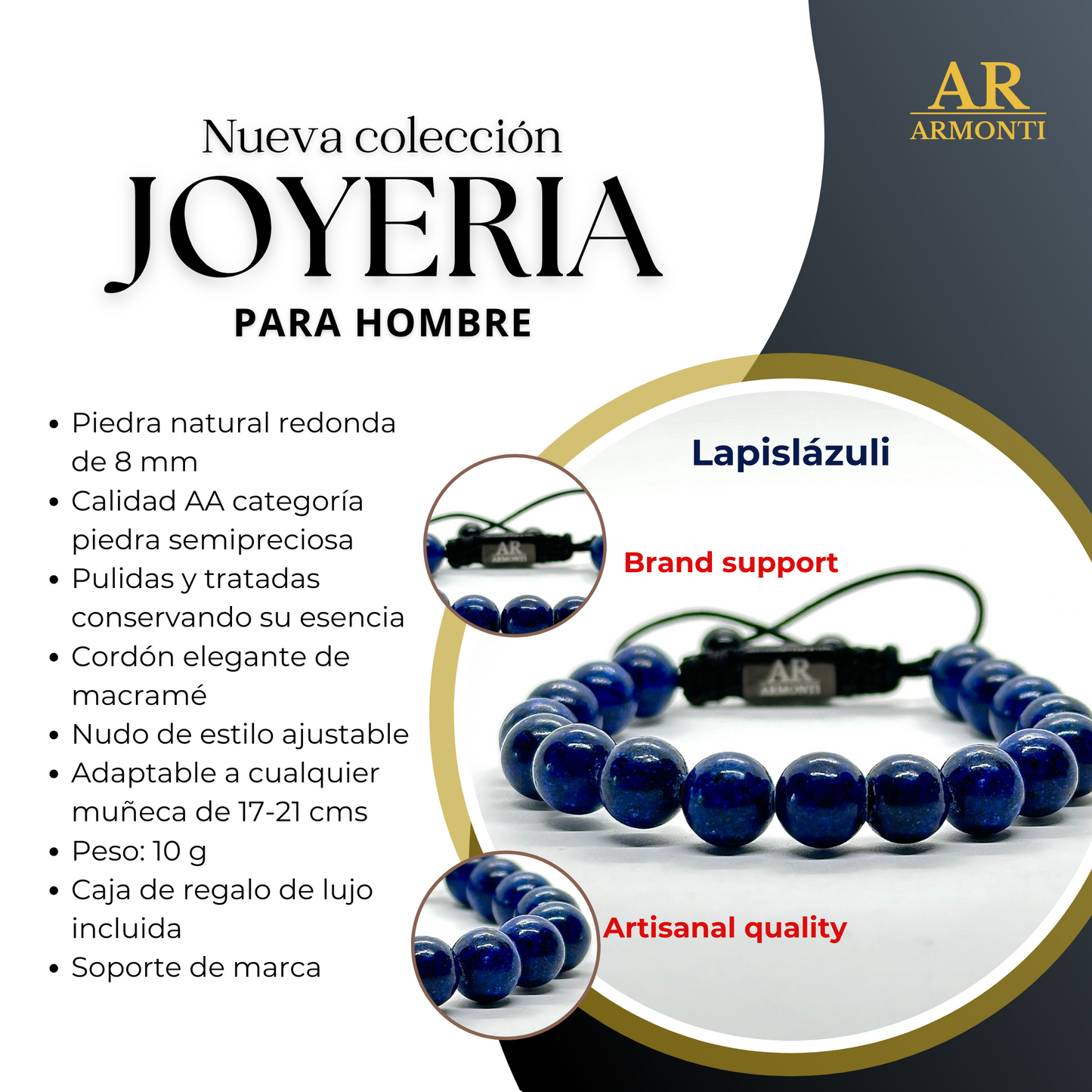 Pulsera piedra redonda LAPISLÁZULI para hombre