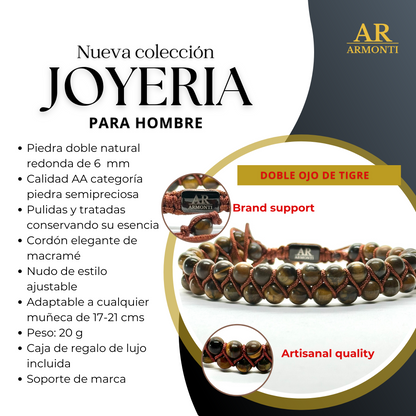 Pulsera doble de piedras redondas OJO DE TIGRE para hombre