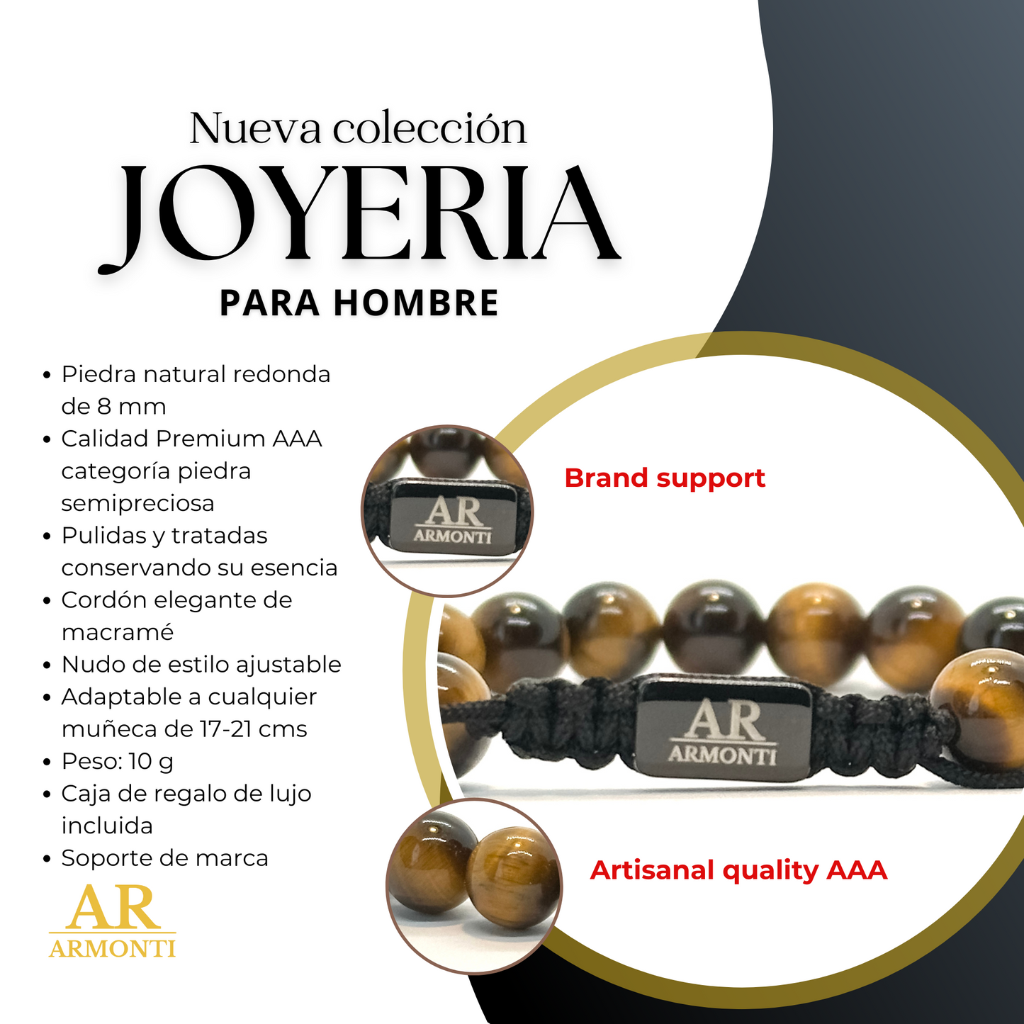 Pulsera de piedra redonda OJO DE TIGRE para hombre