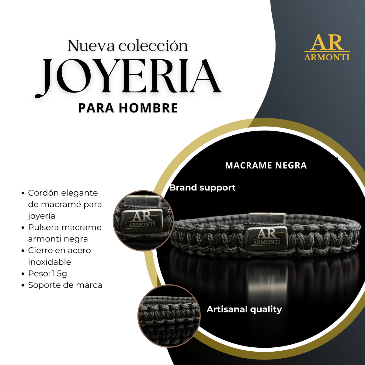 Pulsera MACRAMÉ negra hombre - Pulsera de Macramé - ARMONTI