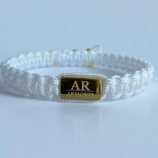 White Macrame Bracelet with Gold Logo for Women