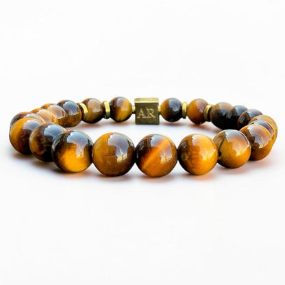 Pulsera de Ojo de Tigre Amarillo Elástica 8mm oro 18k para Hombre