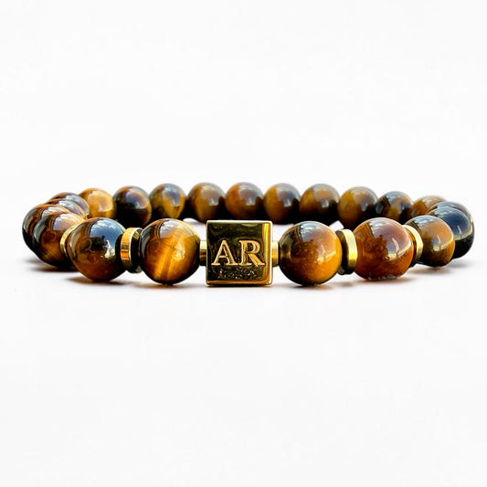 Pulsera de Ojo de Tigre Amarillo Elástica 8mm oro 18k para Hombre