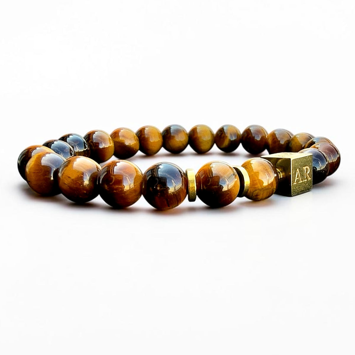 Pulsera de Ojo de Tigre Amarillo Elástica 8mm oro 18k para Hombre