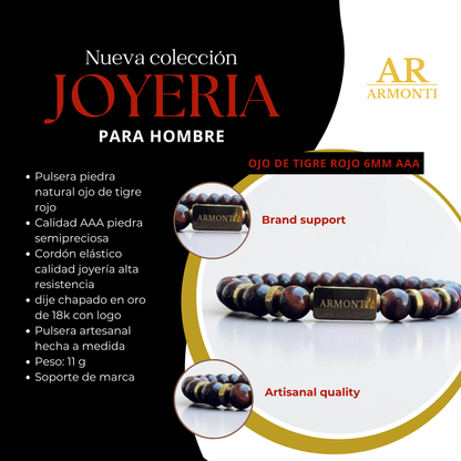 Pulsera de Ojo de Tigre Rojo Elástica 6mm oro 18k para Hombre