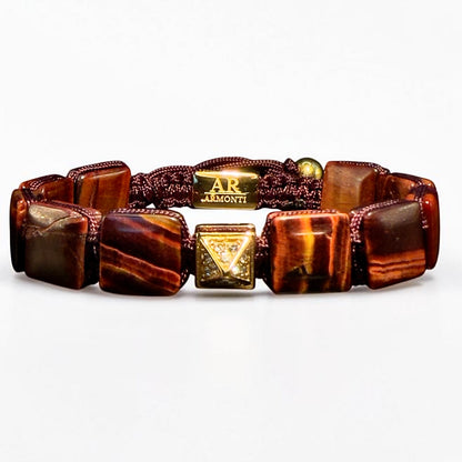 Pulsera ojo de tigre rojo cuadrada oro 18k para mujer