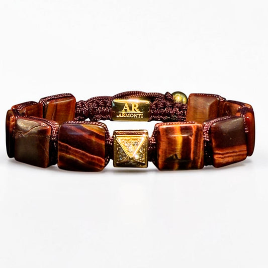 Pulsera ojo de tigre rojo cuadrada oro 18k para mujer