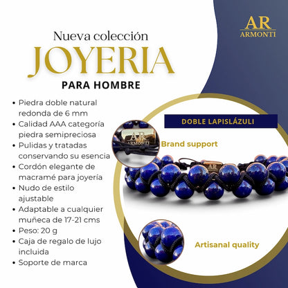 Pulsera de piedra natural lapislázuli doble 6mm oro 18k para Hombre