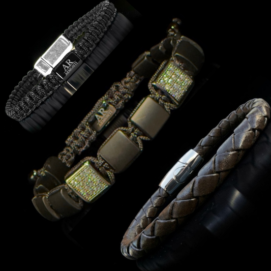 Set cuero marrón, ónix y macramé negro hombre